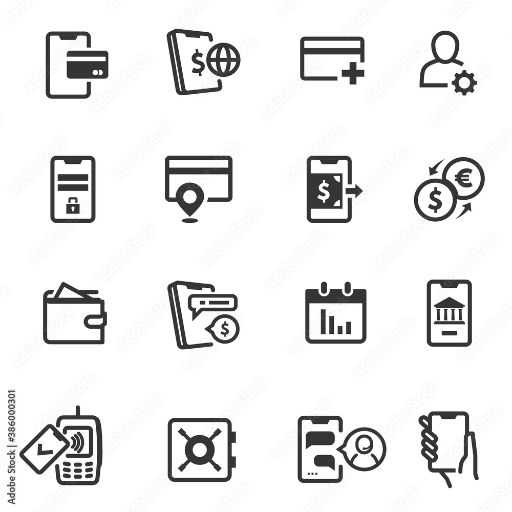 Mobile banking, credit card, payment line and bold icons set isolated on white. Mobile banking, credit card, payment line and bold icons set isolated on white.