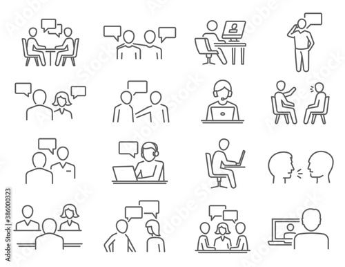 People talk, negotiation, speech thin line icons set isolated on white. Discussion, meeting, chat.