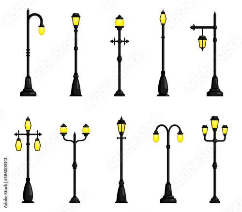 Street lights with one, two, three lamps different design set. Lamppost. Lighting columns, poles.