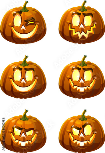 a set of horrible pumpkins for Halloween. Smiling plant monsters with glowing eyes and mouths. Vector image on a white background, isolated. Cartoonish.