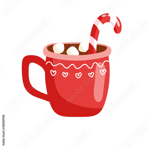 Christmas drink. New Year's hand-drawn cup of coffee or chocolate with .marshmallows and candy. Cartoon vector illustration.