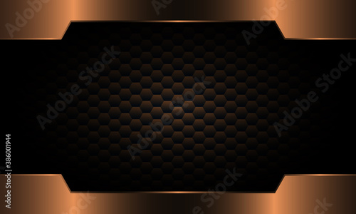 Bronze metallic frame on dark hexagon background.