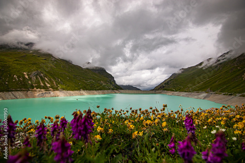 Aerial view of glacier lake at Lac de Moiry in the Swiss Alps. At Grimentz Vallis  CH Switzerland.