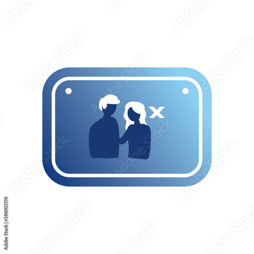 social distance between woman and man in road sign gradient style icon vector design