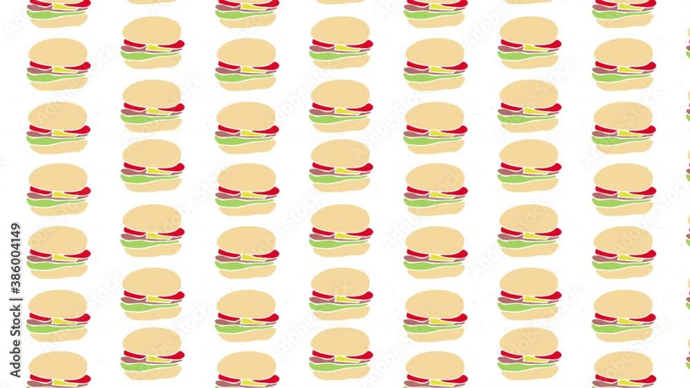 Hamburger pattern pop art background. Fast food concept. Takeaway american cuisine. Colorful snacks creative minimal animation isolated on white Hamburger pattern pop art background. Fast food concept. Takeaway american cuisine. Colorful snacks creative minimal animation isolated on white