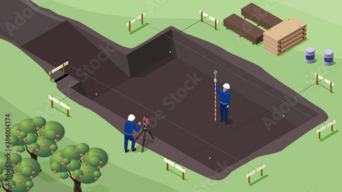Surveyor is working on construction site. Breakdown geodetic axes for building. construction pit.