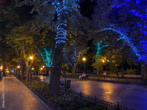 Night view of Deribasovskaya street in Odessa, Ukraine 2020. Popular touristic european destination. Odessa city view (ID: 386004388)