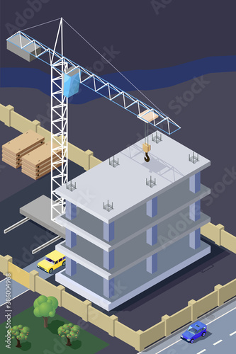 Construction site with tower crane in 3D. New reinforced concrete building in the city.