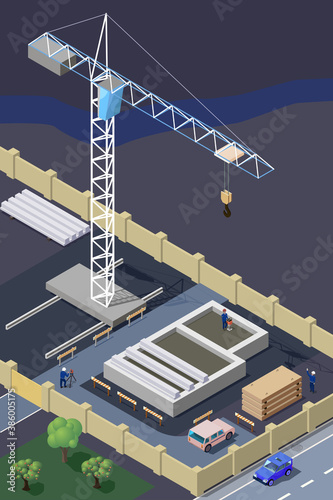 Construction site with tower crane in 3D. Installation of reinforced concrete floor beams on basement walls of the private house. Soil compaction with vibratory rammer.