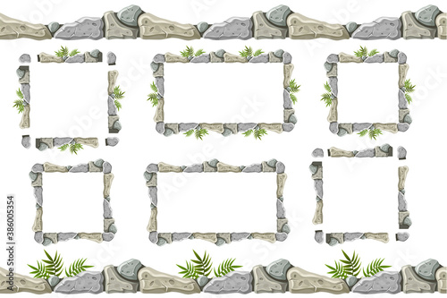 Set of seamless constructor old gray rock border and frames. Vector stone sidewalks with grass for computer games isolated on white background.