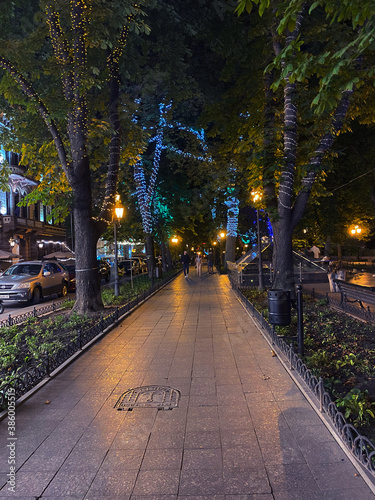 Night view of Deribasovskaya street in Odessa, Ukraine 2020. Popular touristic european destination. Odessa city view (ID: 386005515)