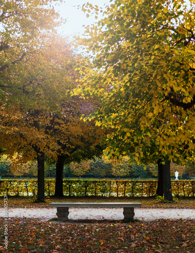 Traditional solid park bench made of stone in front of an autumnal park with green-yellow leaves on the trees in the background and very well-kept calm castle garden environment relaxation