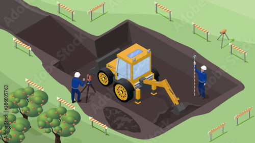 Excavator on a construction site in isometric. Surveyor with total station theodolite