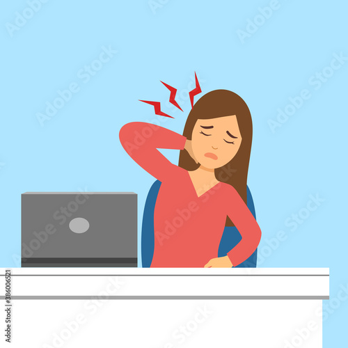 Office syndrome concept vector illustration. Businesswoman has neck pain symptom at workplace.