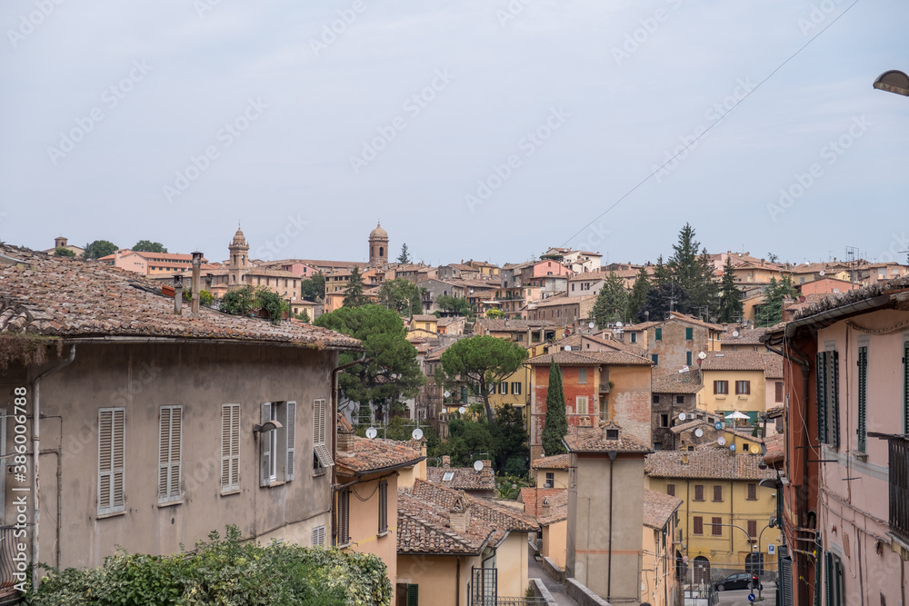 Perugia - August 2019: Acqueduct of Perugia with view of city center
