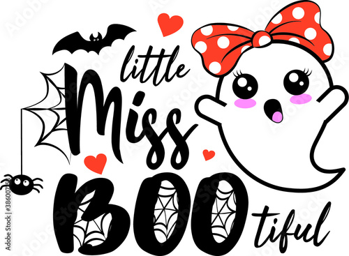 Little miss BooTiful. Beautiful boo text. Happy Halloween illustration. Handmade lettering print. Vector illustration with cute Ghost with lovely quote. Good for prints on t-shirts, cards, invitation