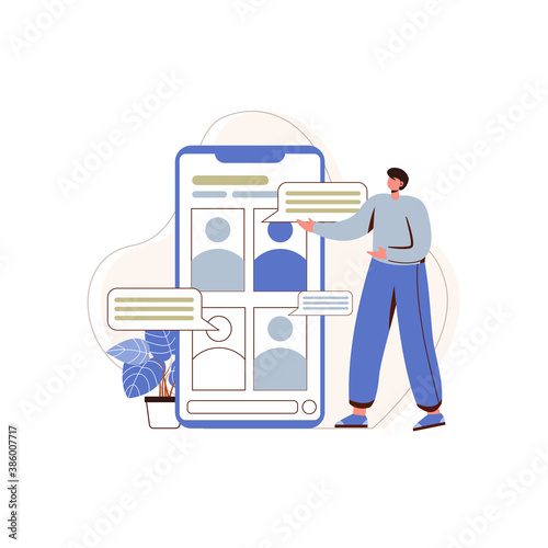 boys chatting with friends on smartphones, boys online meetings, boys studying online conceptual design ilustration vector