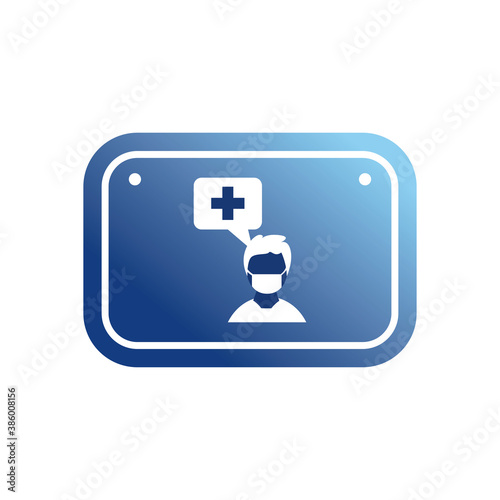 man with mask and bubble in road sign gradient style icon vector design