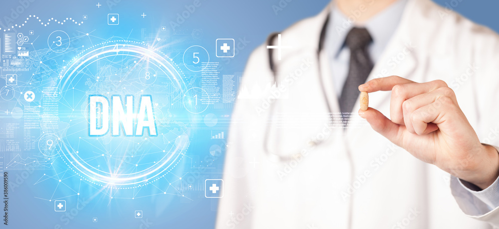Close-up of a doctor giving you a pill with DNA abbreviation, virology concept Close-up of a doctor giving you a pill with DNA abbreviation, virology concept