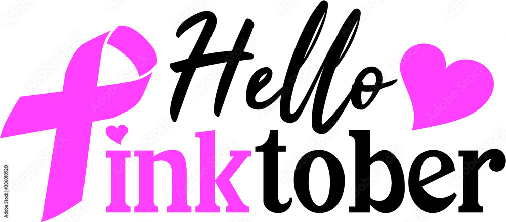 Hello Pinktober vector text. Illustration for Breast Cancer Awareness Month. Pink ribbon, pink color of month.