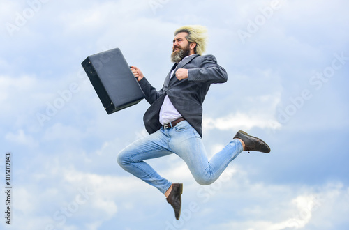 Happy worker. Feeling free. Business man formal suit carries briefcase. Illegal deal business. Find your life mission. Businessman run away business case. Feel impact. Hipster hold briefcase. Freedom