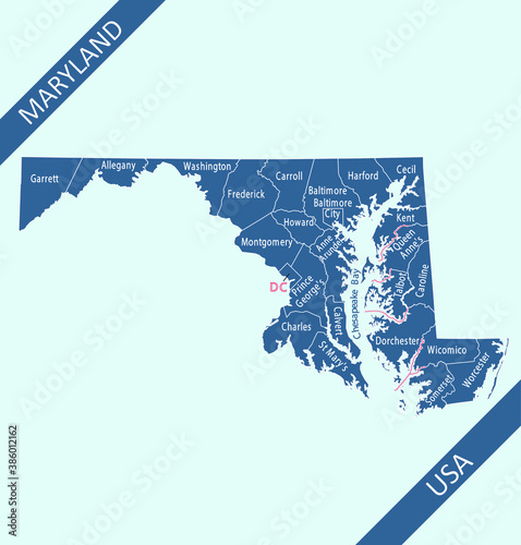 County map of Maryland labeled photo