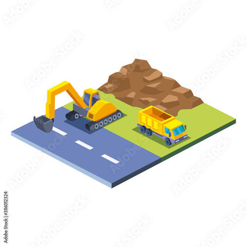 construction excavator dump truck and earth isometric style icon vector design