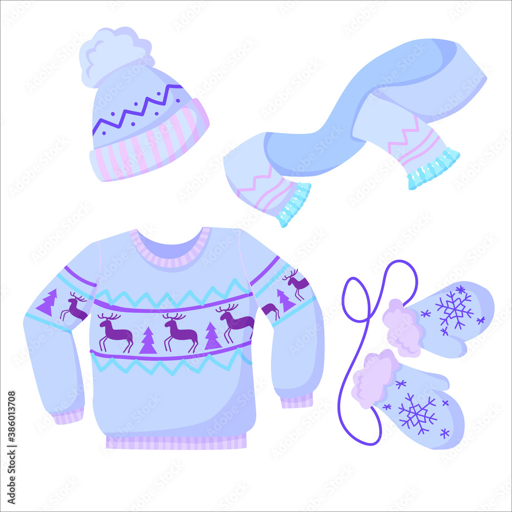 set of winter clothes items in pastel color with patterns, warm winter clothes drawn in cartoon style, knitted clothes, scarf or shawl, mittens, sweaters and hats vector illustration isolated