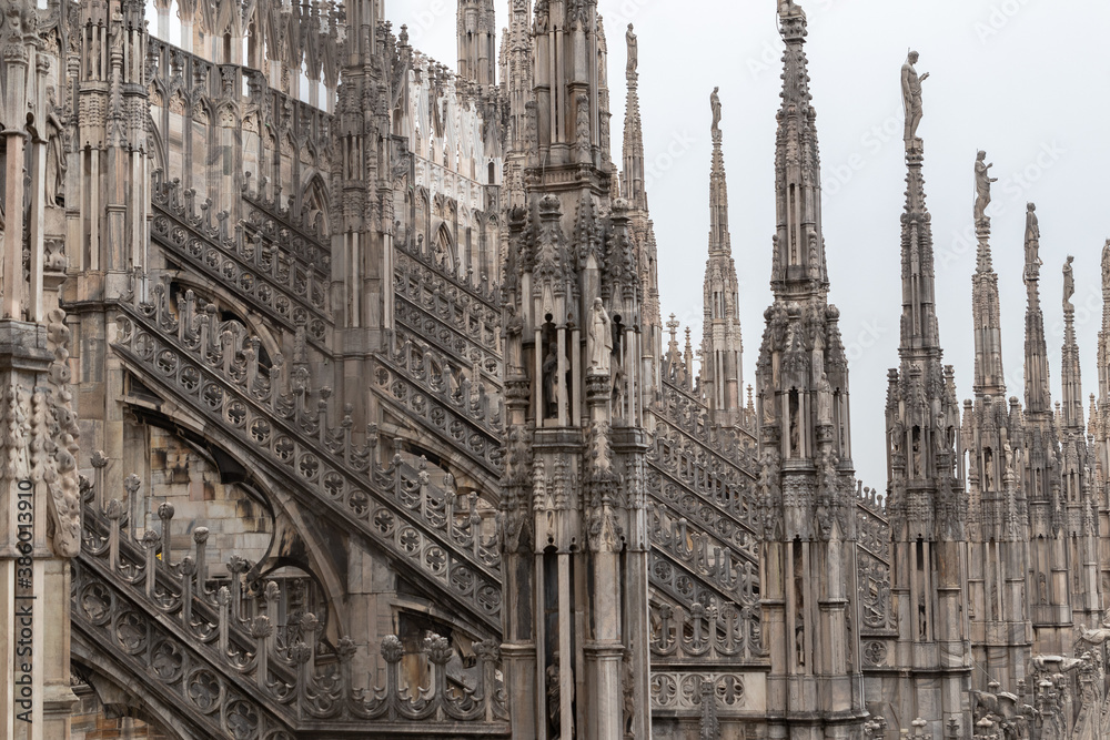 Amazing architectural details on the rooftop of  world's famous Milan cathedral Duomo