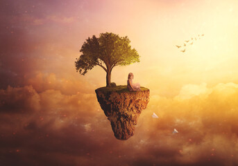  Composite fantasy/surreal background - Little girl sitting on floating island, throwing paper airplanes
