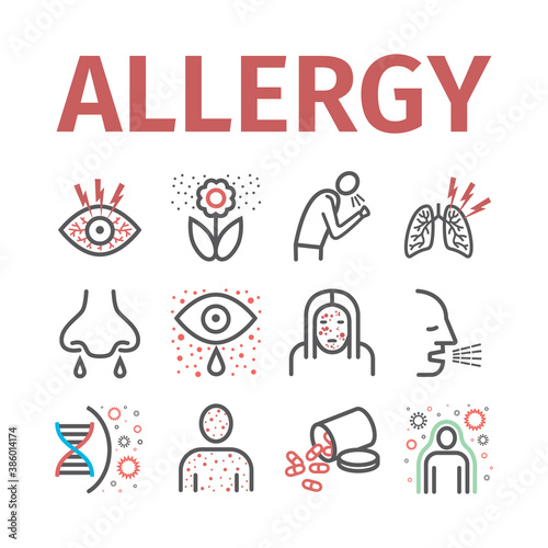 Allergy symptoms line icons infographic. Vector sign for web graphic.