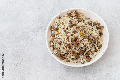 Vegetarian Mujaddara-Rice with Lentils and Turmeric. Traditional Arabic , Israeli food