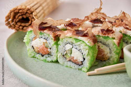 Fresh sushi rolls on a plate