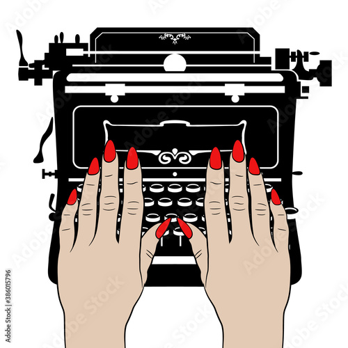 Two female hands with long red nails typing on vintage mechanical typewriter. Creative feminist concept.