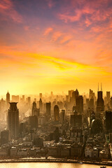 Sierkussen Geel Shanghai skyline bij mistige zonsondergang  © lukyeee_nuttawut