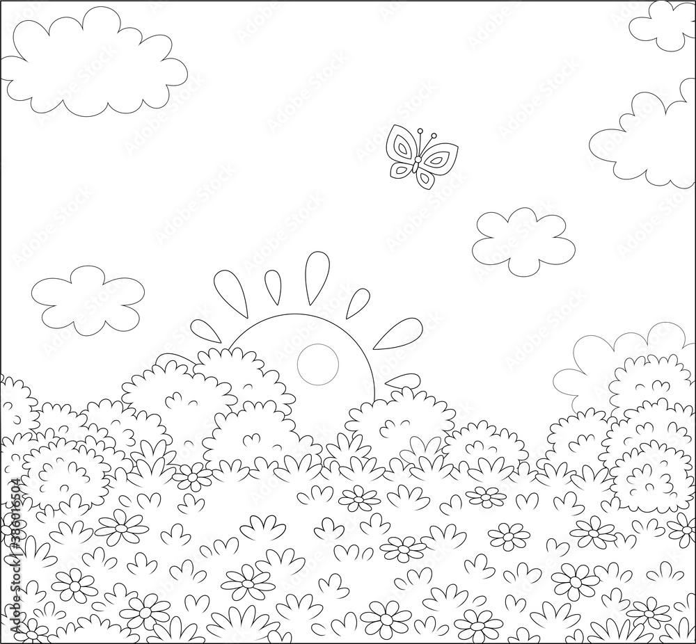 Bright sun rising over a pretty field with wildflowers and a flittering butterfly in a beautiful summer morning, black and white outline vector cartoon illustration for a coloring book page