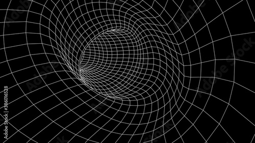 Futuristic black funnel. Wireframe space travel tunnel. Abstract wormhole with surface warp. Vector illustration.
