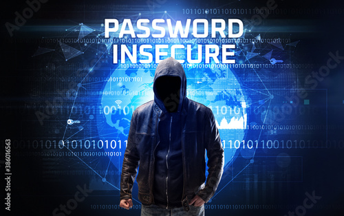 Faceless hacker at work with PASSWORD INSECURE inscription, Computer security concept