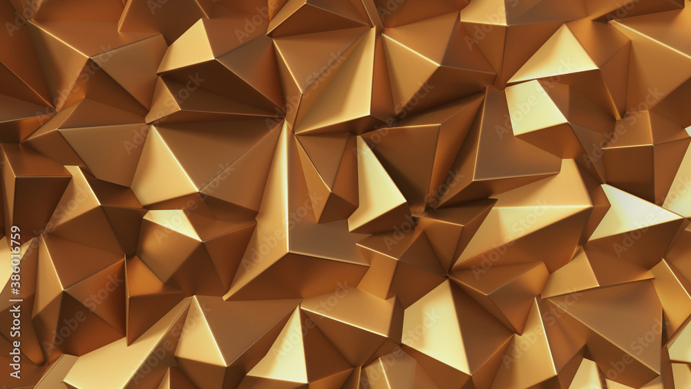 Golden crystal and prismatic background, faceted golden metallic texture, golden wallpaper and background. Glossy and glamorous 3D golden background with crystals and prisms. this is a 3d render. Golden crystal and prismatic background, faceted golden metallic texture, golden wallpaper and background. Glossy and glamorous 3D golden background with crystals and prisms. this is a 3d render.