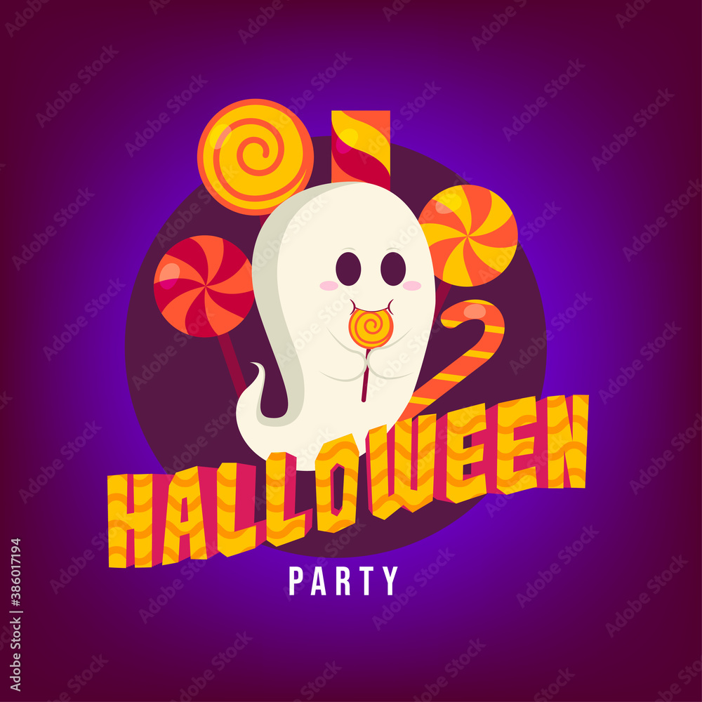 Halloween Party Cute Ghost Lick A Candy Poster Illustration Flat Design