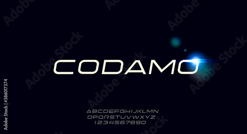 Codamo, a high tech and futuristic font, modern scifi typeface design. Alphabet vector illustration