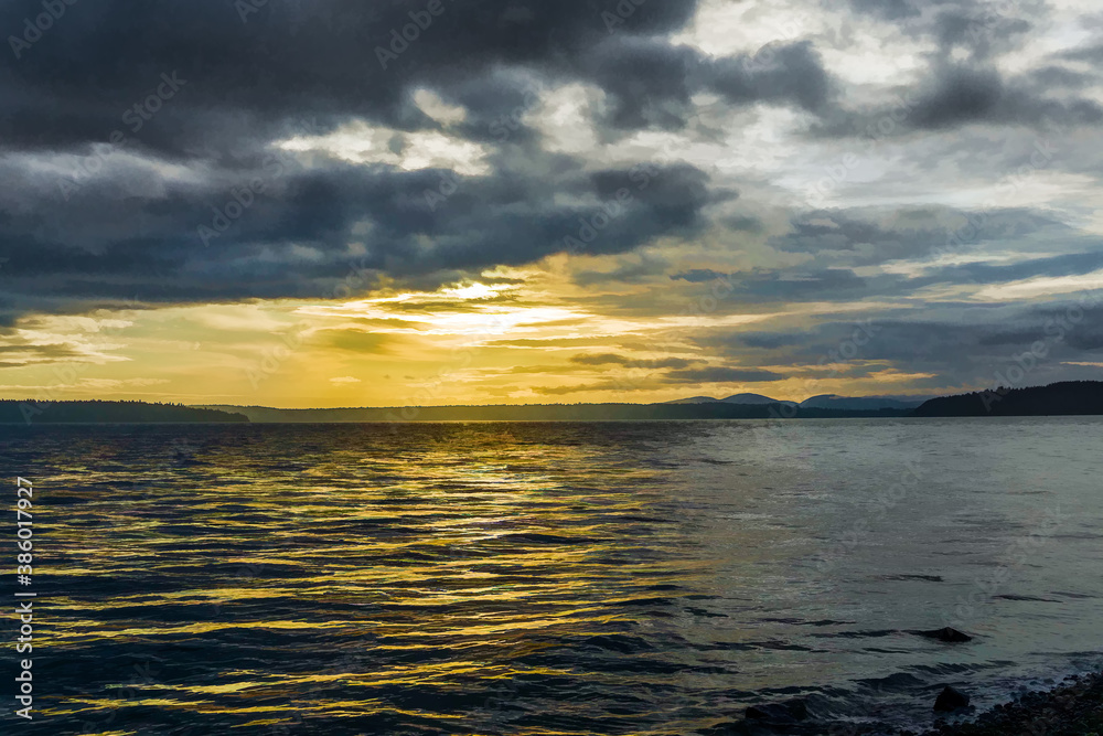 Obraz premium Cloudy Ocean Sunset Illustration