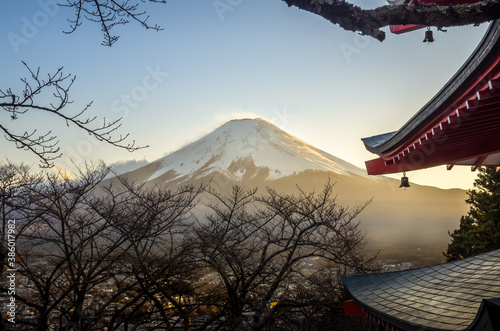 Fuji mountain view and Chureito pagoda during sunrise.