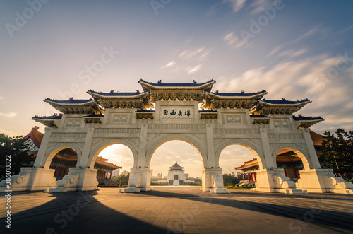 Front gate of Chiang Kai-Shek Memorial Hall at dawn, Taipei, Taiwan. Chinese latters means "Liberty Square". © THANAN