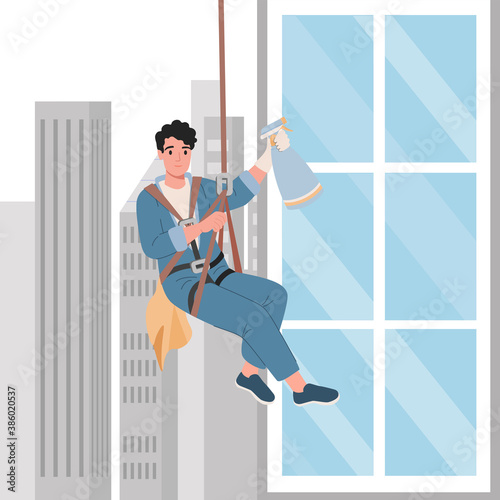Professional worker cleaning windows. Skyscraper cleaning service. Cartoon vector illustration