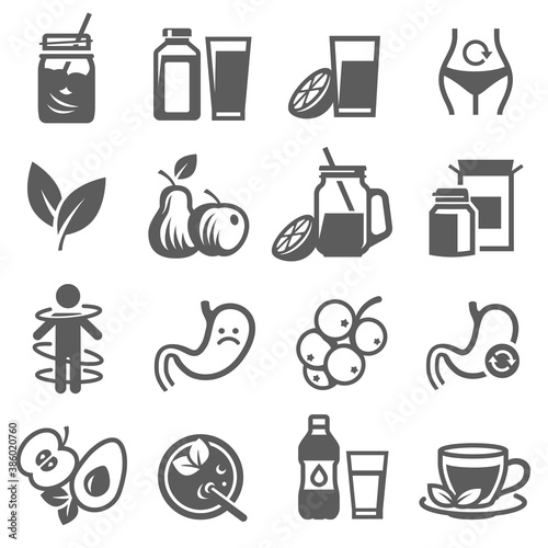 Detox, cleanse bold black silhouette icons set isolated on white. Fruit diet, freshly squeezed juice.