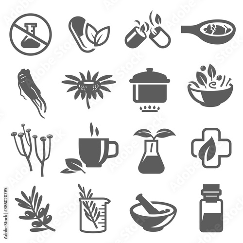 Folk, traditional or alternative medicine, herbalism bold black silhouette icons set isolated on white.