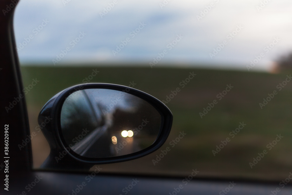 Looking into the exterior mirror of a car in a rural area Concentration Caution Insurance Fatigue Subsidy Reflection Passenger traffic Second sleep Responsibility Automobile Looking into the exterior mirror of a car in a rural area Concentration Caution Insurance Fatigue Subsidy Reflection Passenger traffic Second sleep Responsibility Automobile