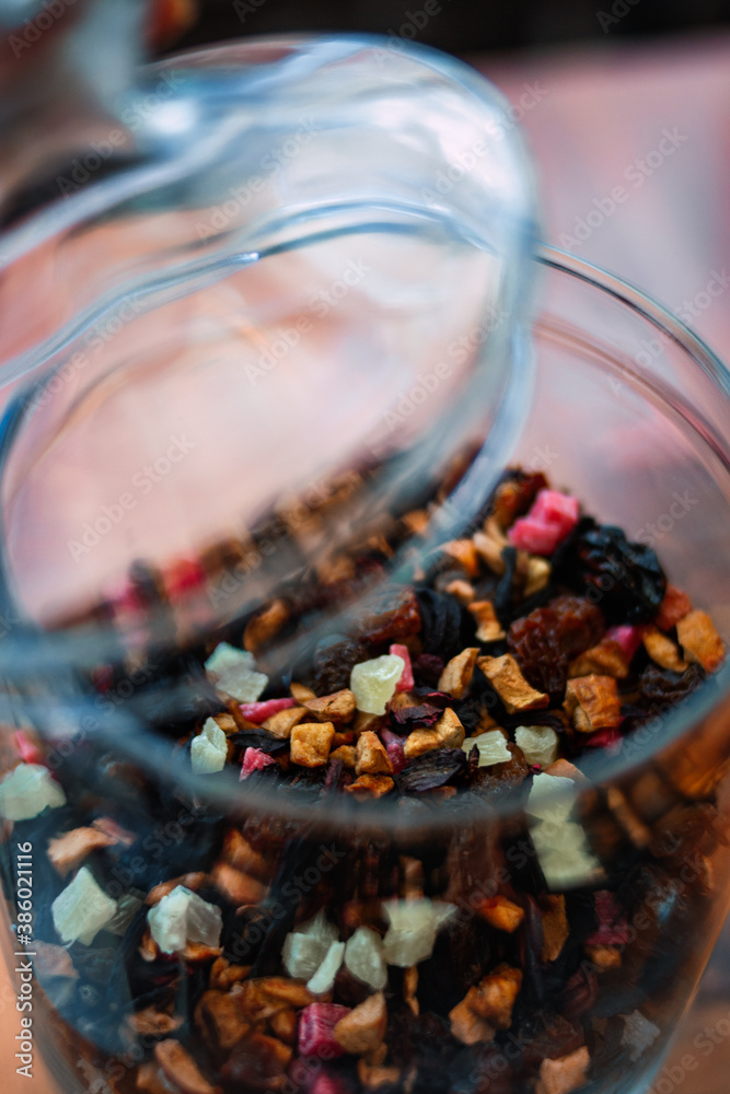 Fruit tea in a glass jar.