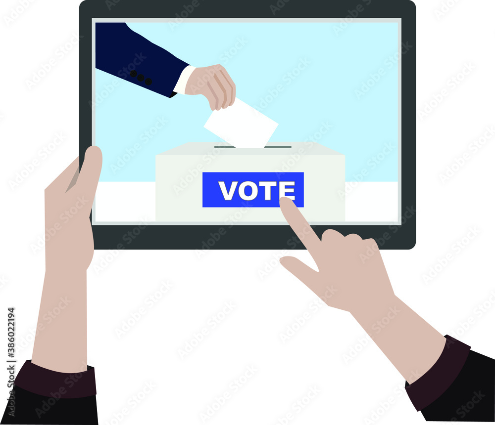 Icon vector hand drop paper vote ballot into the box via online tablet in election country leader in democracy Icon vector hand drop paper vote ballot into the box via online tablet in election country leader in democracy